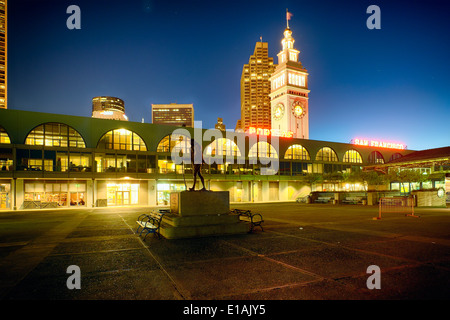 Low Angle View of the Ferry Building Clock Tower and Marketplace Building at Night, San Francisco, California Stock Photo