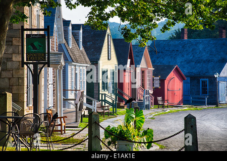 Colorful Historic Houses of a Seafaring Village, Mystic Seaport, Connecticut Stock Photo