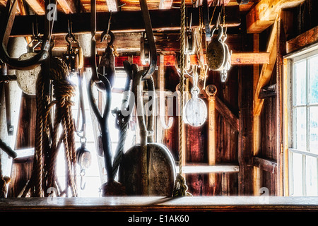 Old Sailboat Rigging Supplies Displayed in a Rigging Loft, Mystic Seaport Museum, Connecticut Stock Photo