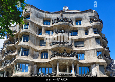 Low Angle View of a Building Facade, Casa Mila (La Pedrerea), Barcelona, Catalonia, Spain Stock Photo