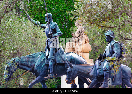 Close up View of Equestrian Statues of Don Quixote and Sancho Panza at the Cervantes Monument, Plaza de Espana, Madrid, Spain Stock Photo