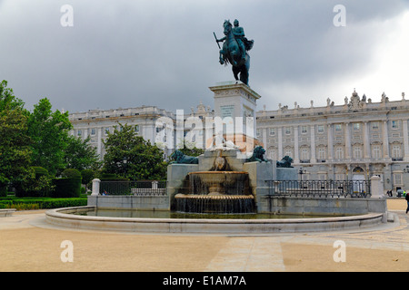 Low Angle View of the Equestrian Statue of King Philip IV, Plaza de Oriente, Madrid, Spain Stock Photo