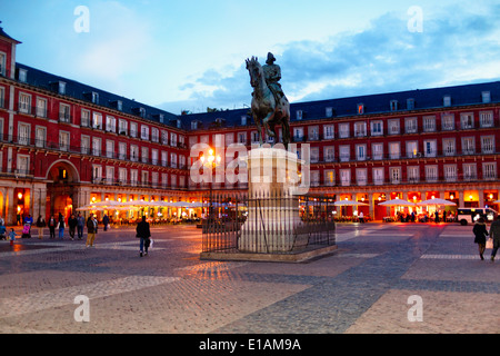 Low Angle View of the Equestrian Statue of King Philip III on Plaza Mayor at Night, Madrid, Spain Stock Photo