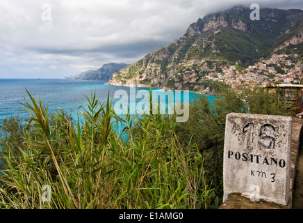 Distance Marker on a Road, Amalfi Coast at Positano, Campania, Italy Stock Photo