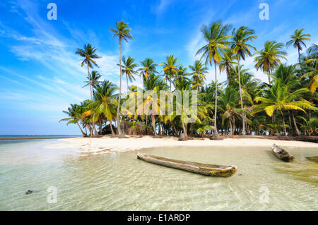 Dugout boats, deserted beach with palm trees on a tropical island, Cayos Chichime, Chichime Cays, San Blas Islands, Panama Stock Photo