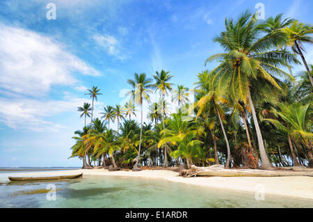 Dugout boat, deserted beach with palm trees on a tropical island, Cayos Chichime, Chichime Cays, San Blas Islands, Panama Stock Photo