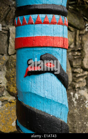 Black Midgard Serpent or World Serpent, carved wooden pillar, Kirkjubøur, Streymoy, Faroe Islands, Denmark Stock Photo