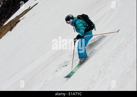 Cairngorm, Aviemore, Scotland, UK. 28th May, 2014. Cairngorm mountain resort Aviemore Scotland UK.Kevin Blanc a French born freeride skier based in Inverness,gets in some last turns and lines of the season at Cairngorm mountain range on a remote part of the range. Credit:  Kenny Ferguson/Alamy Live News Stock Photo