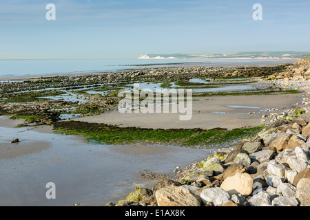 View from the beach at Cap Gris Nez on Wissant bay and Cap Blanc Nez at low tide Stock Photo