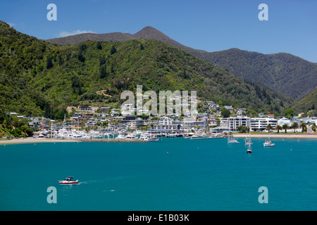 Picton harbour from ferry, Picton, Marlborough region, South Island, New Zealand, South Pacific Stock Photo