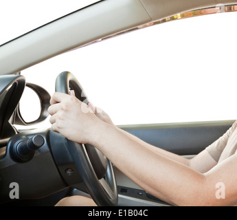 Hands on steering wheel, side view Stock Photo