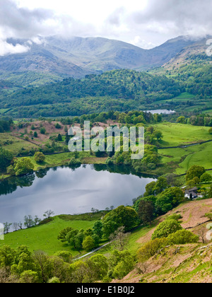 Looking south west from Loughrigg Fell past Loughrigg Tarn and Elterwater towards the Coniston Fells in the Lake District National Park, Cumbria, UK Stock Photo