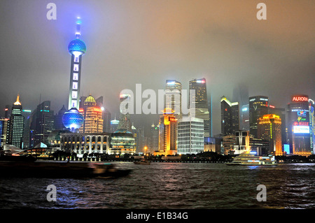 The skyline of Pudong by night Shanghai China Stock Photo