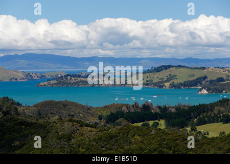 Driving Creek Railway (narrow gauge mountain railway). View over Hauraki Gulf from Eyefull Tower Stock Photo