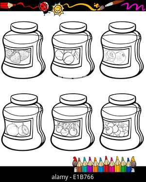 Coloring Book or Page Cartoon Illustration of Color and Black and White Fruit Jams in Jars Set for Children Stock Photo