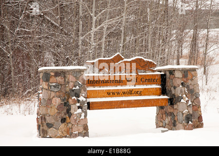 Sign in front of the International Wolf Center in Ely, Minnesota Stock Photo