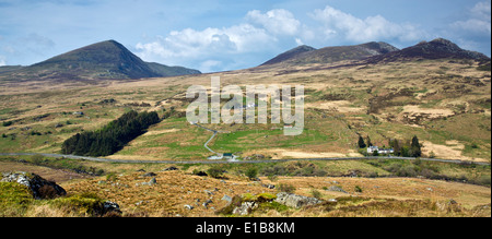 View from the slopes of Cefn Y Capel across the A5 road at Capel Curig in Snowdonia National Park Gwynedd North Wales UK, Late S Stock Photo