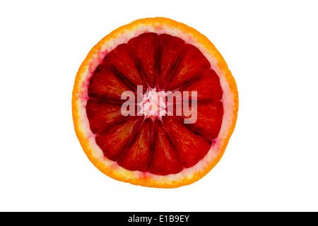 Slice of deep red ruby grapefruit isolated on white for a healthy breakfast rich in vitamin c showing the structure and texture Stock Photo