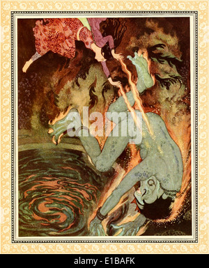 This early 1900s illustration shows Aladdin and the Efrite. The tale is a  folktale and probably originated in the Middle East. His tale is often  connected with and/or included in The Thousand