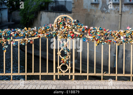 Love padlocks on a bridge, Kampa, Mala Strana, Prague, Czech Republic. Stock Photo