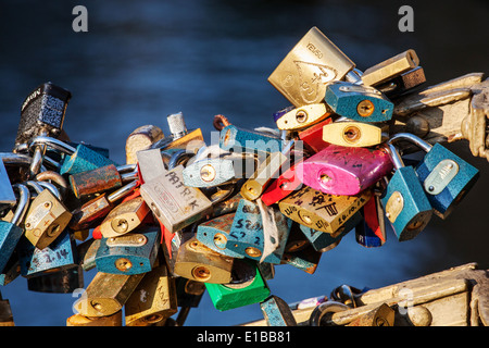 Love padlocks on a bridge, Kampa, Mala Strana, Prague, Czech Republic. Stock Photo