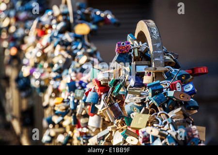 Love padlocks on a bridge, Kampa, Mala Strana, Prague, Czech Republic. Stock Photo