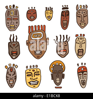 Set of tribal African masks on white background. Collection of colorful ...