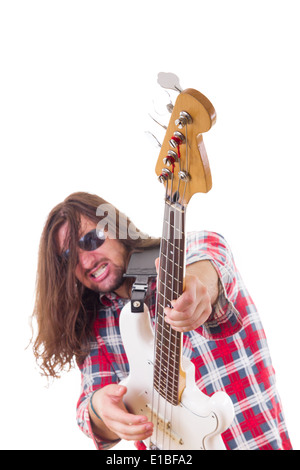 male musician with face expression playing electric bass guitar, isolated on white background Stock Photo