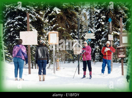 The Chief Joseph Cross Country Ski Trail in Montana offers scenic winter recreation, including cross-country skiing and snowshoeing, through a forested landscape. It is a popular destination for snowmobiling and winter sports enthusiasts. Stock Photo