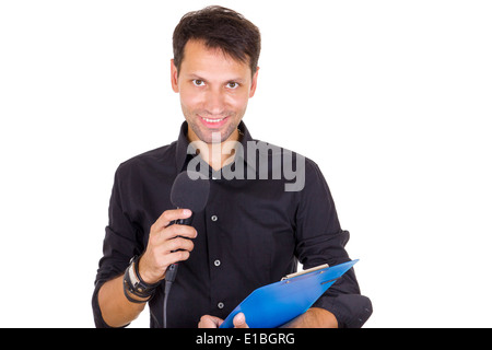 young smiling business man making statement and declaring on microphone Stock Photo