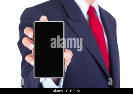 showing smartphone on businessman hand with blank screen isolated on white background Stock Photo