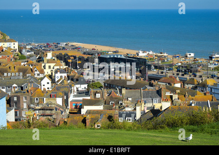 View over Hastings Old Town to the Hastings Contemporary Art Gallery (formerly the Jerwood Art Gallery) on the beach, East Sussex, GB, UK Stock Photo