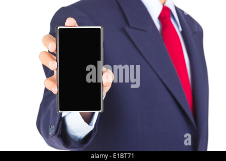 showing smartphone on businessman hand with blank screen isolated on white background Stock Photo