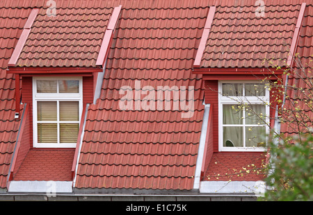 Two classic design roof windows with red tiles Stock Photo
