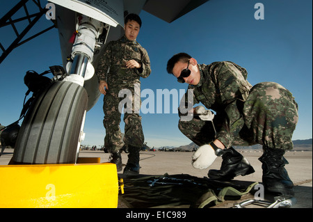 Korean air force Tech. Sgt. Lee Jae-Moo and Senior Master Sgt. Kim Seok conduct preflight maintenance on an F-15E Strike Eagle Stock Photo