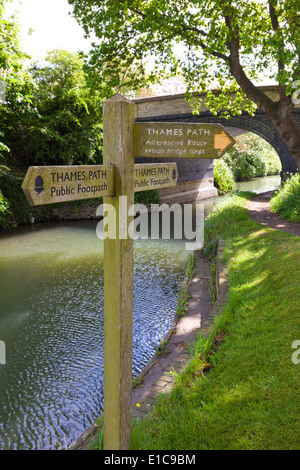 Sign for the Thames Path National Trail beside St Johns Lock on the River Thames at Lechlade, Gloucestershire UK Stock Photo