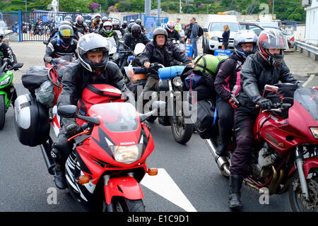 Douglas, Isle of Man. 30th May, 2014. Motorcycling enthusiasts arriving for the 2014 TT. The festival comprises a week of qualifying events followed by a week of racing on closed public roads. Credit:  Daisy Corlett/Alamy Live News Stock Photo