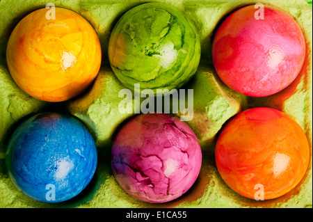 six colorful eggs in carton box Stock Photo