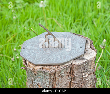 Ornate brass sundial ornament on tree stump in rural garden setting Stock Photo