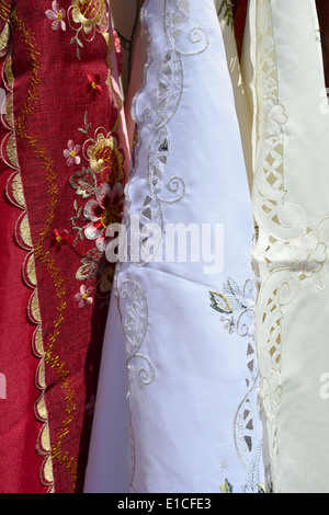 Lace for sale in Marsaxlokk Market, Marsaxlokk, South Eastern District, Malta Xlokk Region, Republic of Malta Stock Photo