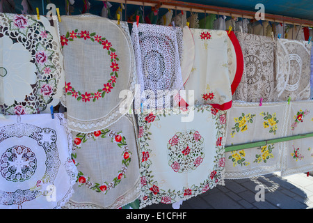 Lace for sale in Marsaxlokk Market, Marsaxlokk, South Eastern District, Malta Xlokk Region, Republic of Malta Stock Photo