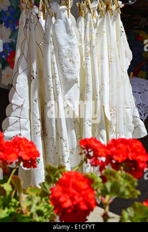 Lace for sale in Marsaxlokk Market, Marsaxlokk, South Eastern District, Malta Xlokk Region, Republic of Malta Stock Photo