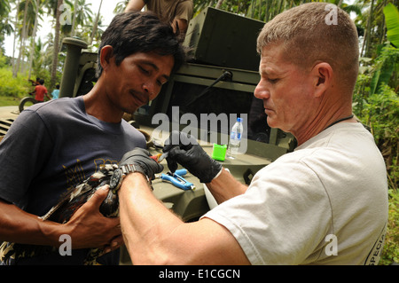 U.S. Army Lt. Col. Steven Goldsmith, right, a veterinarian with Joint Special Operations Task Force-Philippines, administers de Stock Photo