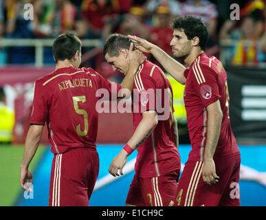 Sevilla. 30th May, 2014. Spain's Fernando Torres (C) celebrates with teammates after scoring during the international friendly football match against Bolivia in Sevilla on May 30, 2014. Spain won 2-0. © Xie Haining/Xinhua/Alamy Live News Stock Photo