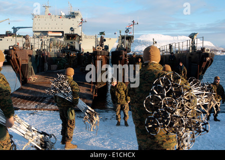 U.S. Marines stage gear on a landing craft utility assigned to HNLMS Johan De Witt (L 801) in Norway Feb. 16, 2010, as they pre Stock Photo