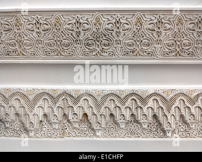 Close up detail of carved Moroccan cornice plasterwork and Stucco Stock Photo