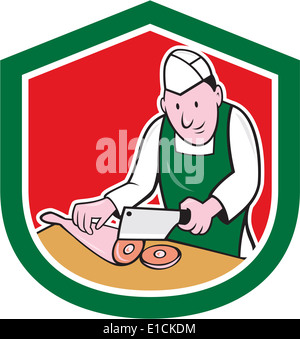 Illustration of a butcher cutter worker with meat cleaver knife chopping leg meat set inside a shield crest on isolated background done in cartoon style. Stock Photo