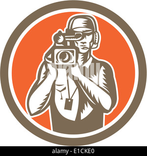 Illustration of a cameraman movie director holding filming vintage movie video camera set inside circle done in retro style. Stock Photo