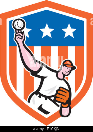Illustration of an american baseball player pitcher outfilelder throwing ball with stars stripes in background set inside crest Stock Photo
