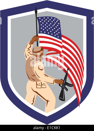 Illustration of an American soldier serviceman holding american flag with assault rifle facing side set inside shield crest on isolated white background. Stock Photo